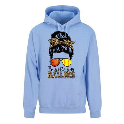 Busy Raising Ballers Softball And Basketball Mom Messy Bun Gift Unisex Surf Hoodie