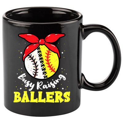 Busy Raising Ballers Softball Baseball Mom Women 11oz C Handle Ceramic Mug