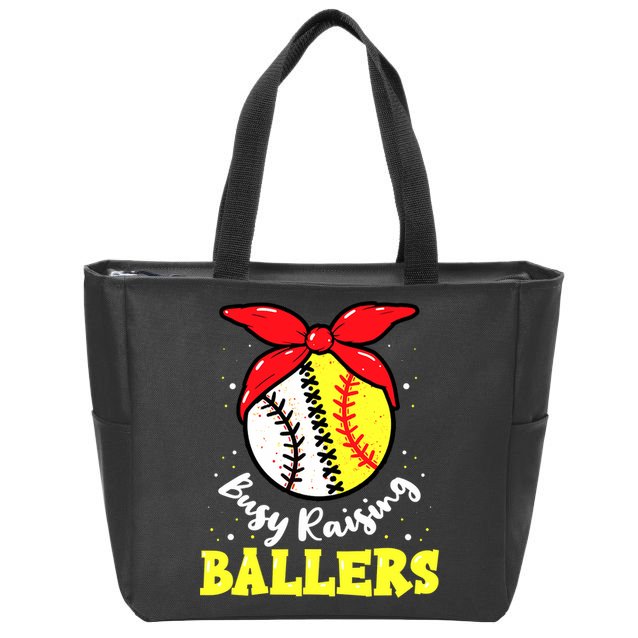 Busy Raising Ballers Softball Baseball Mom Women Zip Tote Bag