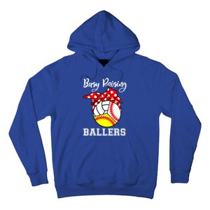 Busy Raising Ballers Funny Baseball Softball Volleyball Mom Gift Hoodie