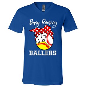 Busy Raising Ballers Funny Baseball Softball Volleyball Mom Gift V-Neck T-Shirt