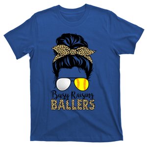 Busy Raising Ballers Softball And Golf Mom Messy Bun Leopard Funny Gift T-Shirt