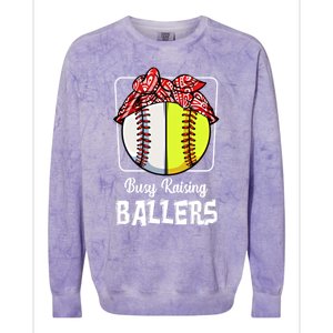 Busy Raising Ballers Softball Funny Baseball Mom Sport Gift Colorblast Crewneck Sweatshirt