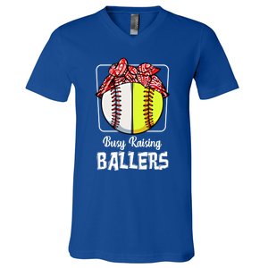 Busy Raising Ballers Softball Funny Baseball Mom Sport Gift V-Neck T-Shirt