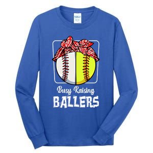 Busy Raising Ballers Softball Funny Baseball Mom Sport Gift Tall Long Sleeve T-Shirt