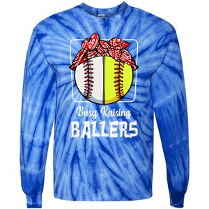 Busy Raising Ballers Softball Funny Baseball Mom Sport Gift Tie-Dye Long Sleeve Shirt