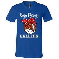 Busy Raising Ballers Volleyball Football Basketball Mom Funny Gift V-Neck T-Shirt