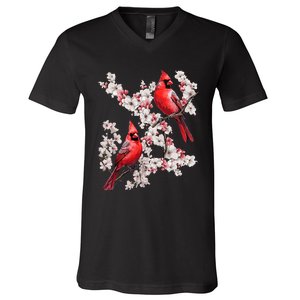 Beautiful Red Cardinal Birds Winter Scene Christmas Pajama V-Neck T-Shirt