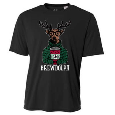 Brewdolph Reindeer Coffee Retro Christmas Coffee Xmas Cooling Performance Crew T-Shirt