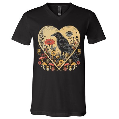 Black Raven Cottagecore Heart Flower Crow Nature V-Neck T-Shirt