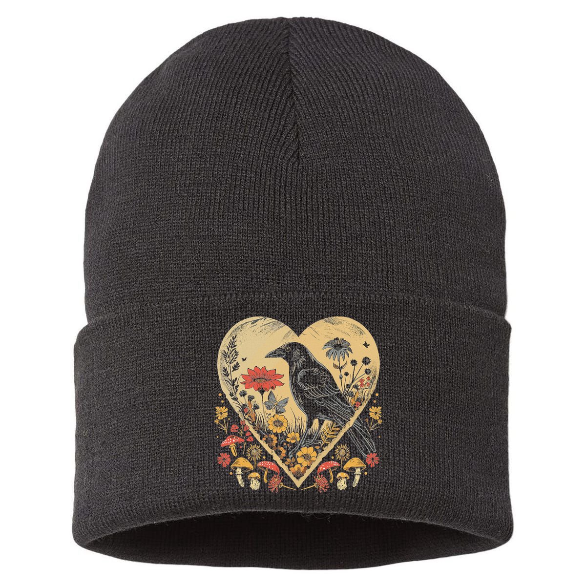 Black Raven Cottagecore Heart Flower Crow Nature Sustainable Knit Beanie