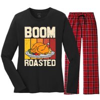 Boom Roasted Christmas Thanksgiving Retro Vintage Turkey Women's Long Sleeve Flannel Pajama Set 