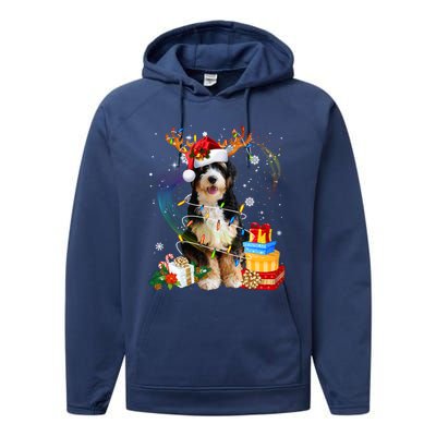 Bernedoodle Reindeer Christmas Lights Funny Dog Xmas Gift Cool Gift Performance Fleece Hoodie