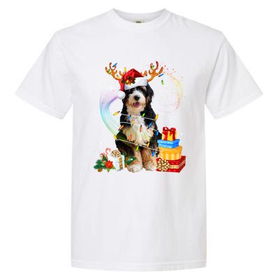 Bernedoodle Reindeer Christmas Lights Funny Dog Xmas Gift Cool Gift Garment-Dyed Heavyweight T-Shirt