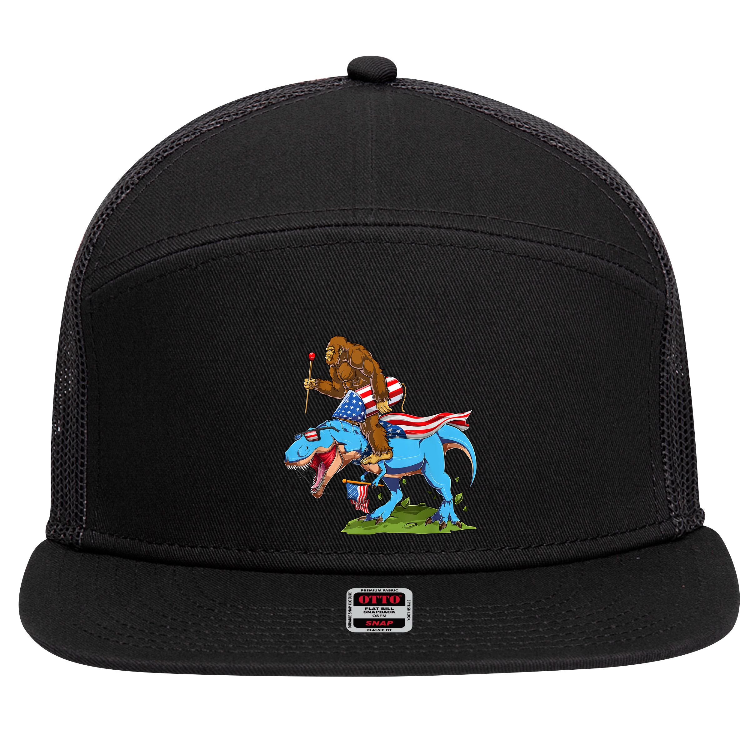 Bigfoot Riding Dinosaur USA Flag 4th Of July America 7 Panel Mesh Trucker Snapback Hat