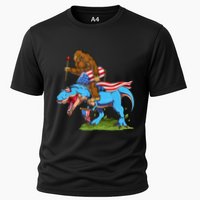 Bigfoot Riding Dinosaur USA Flag 4th Of July America Cooling Performance Crew T-Shirt