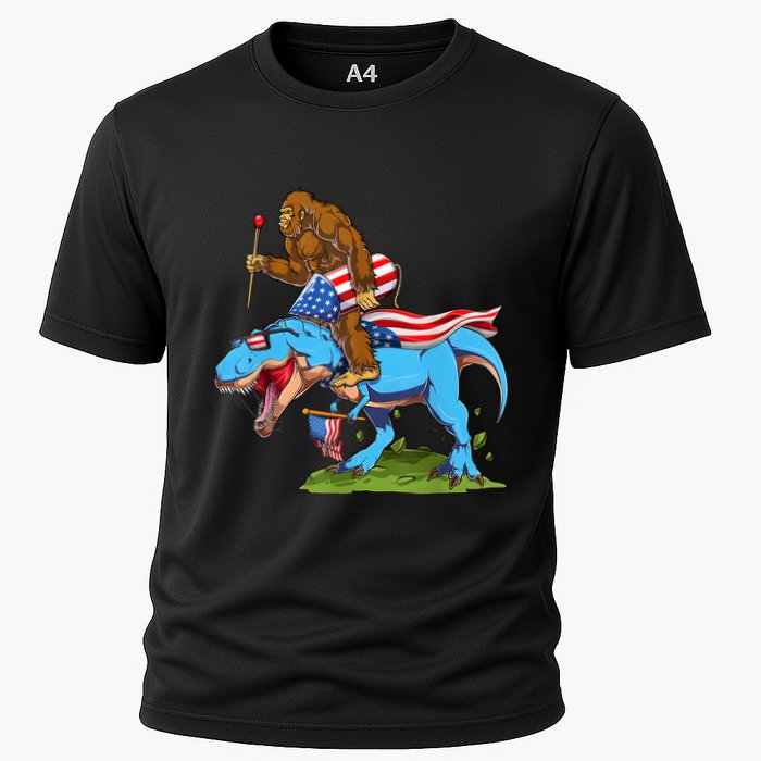 Bigfoot Riding Dinosaur USA Flag 4th Of July America Cooling Performance Crew T-Shirt