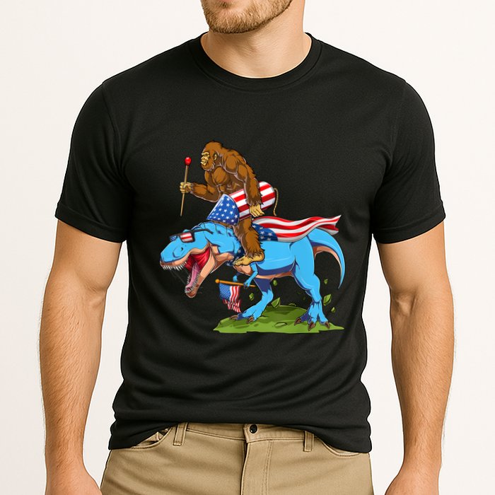 Bigfoot Riding Dinosaur USA Flag 4th Of July America Cooling Performance Crew T-Shirt