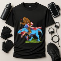 Bigfoot Riding Dinosaur USA Flag 4th Of July America Cooling Performance Crew T-Shirt