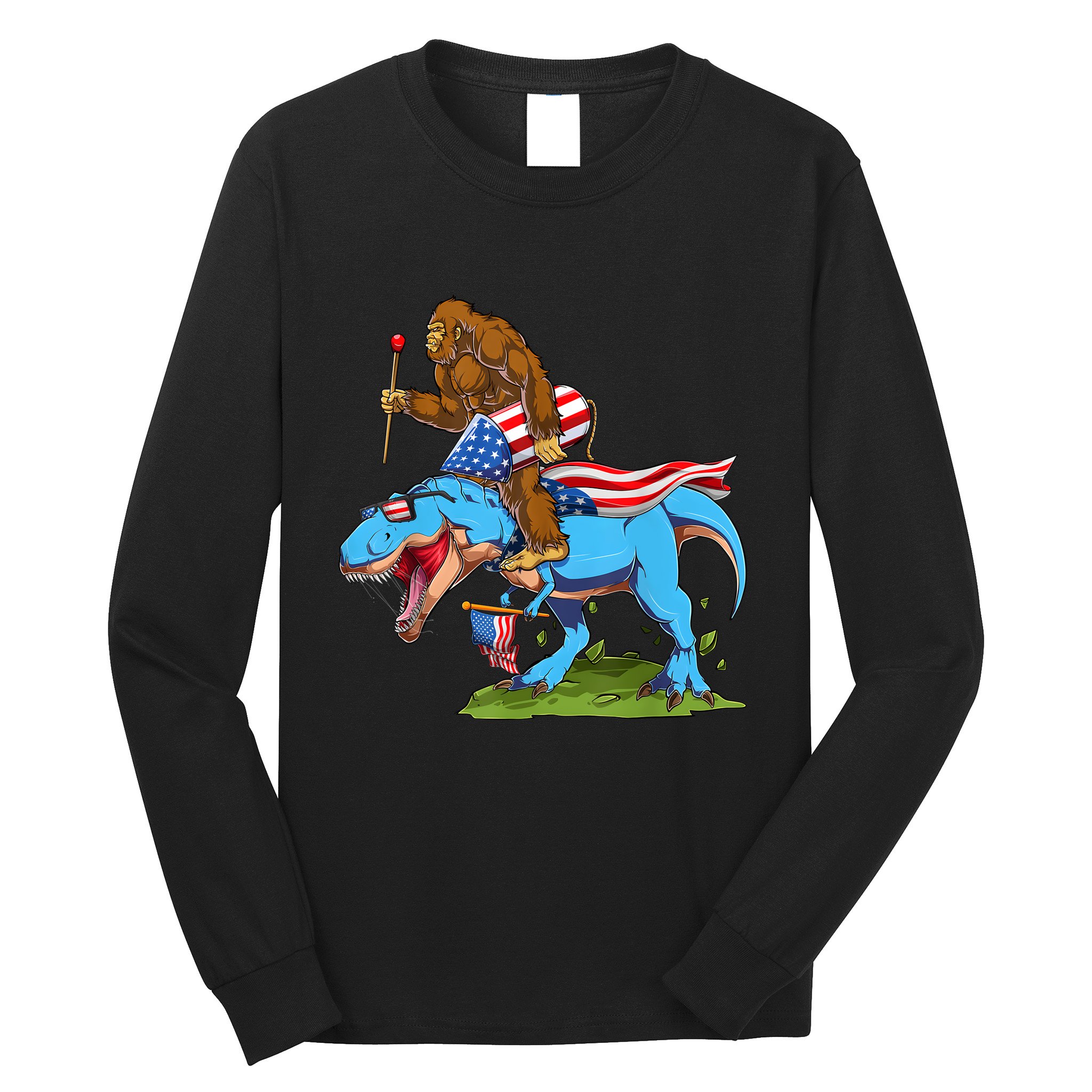Bigfoot Riding Dinosaur USA Flag 4th Of July America Long Sleeve Shirt