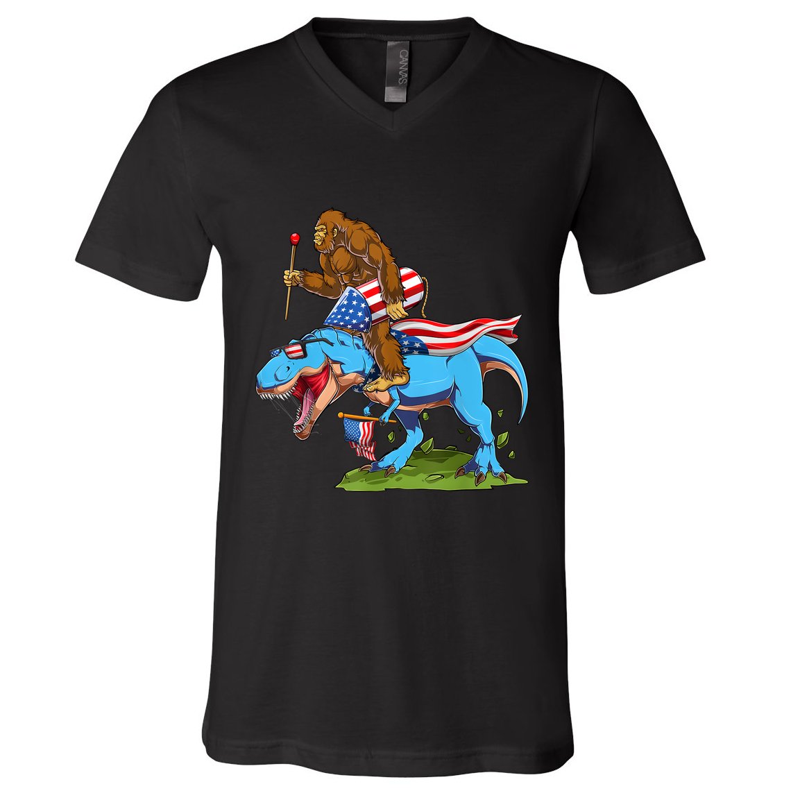 Bigfoot Riding Dinosaur USA Flag 4th Of July America V-Neck T-Shirt