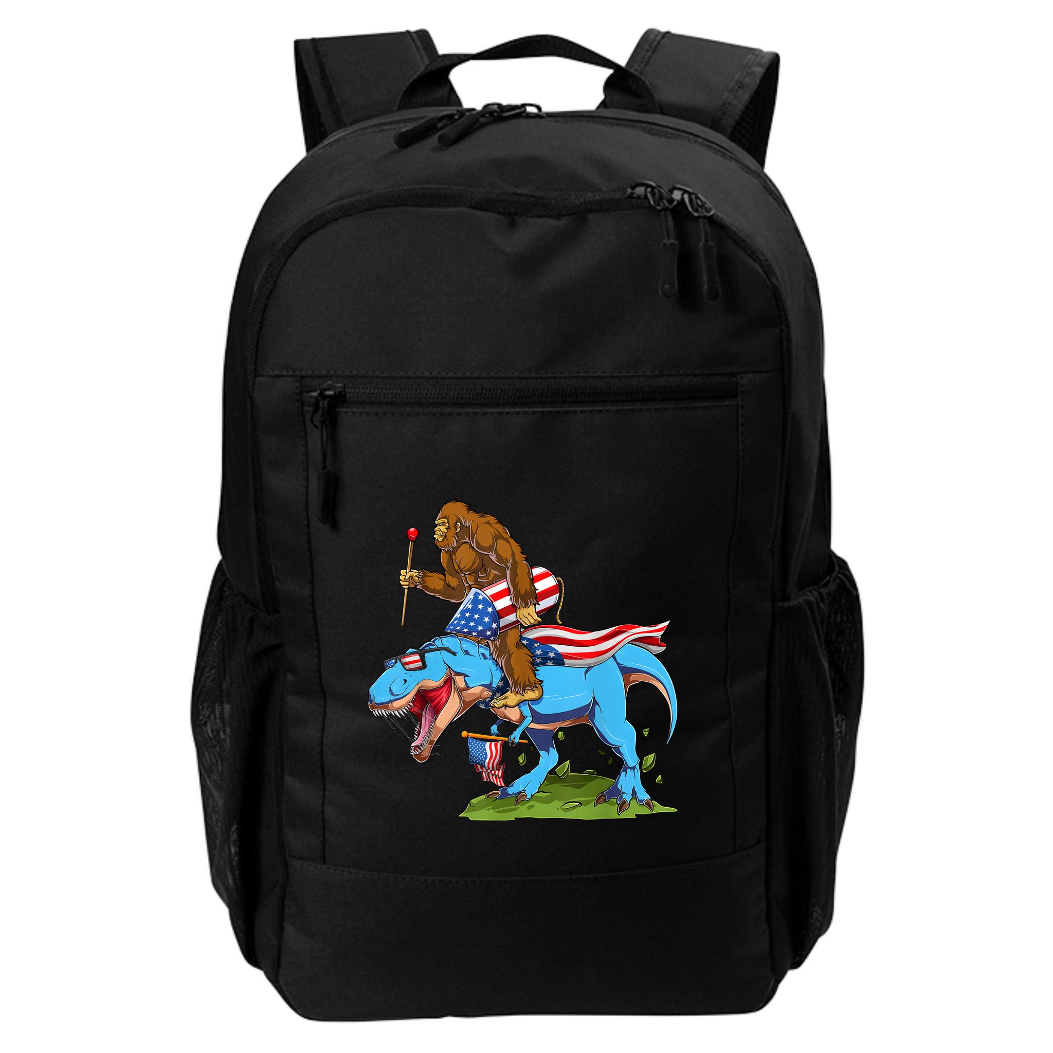 Bigfoot Riding Dinosaur USA Flag 4th Of July America Backpack
