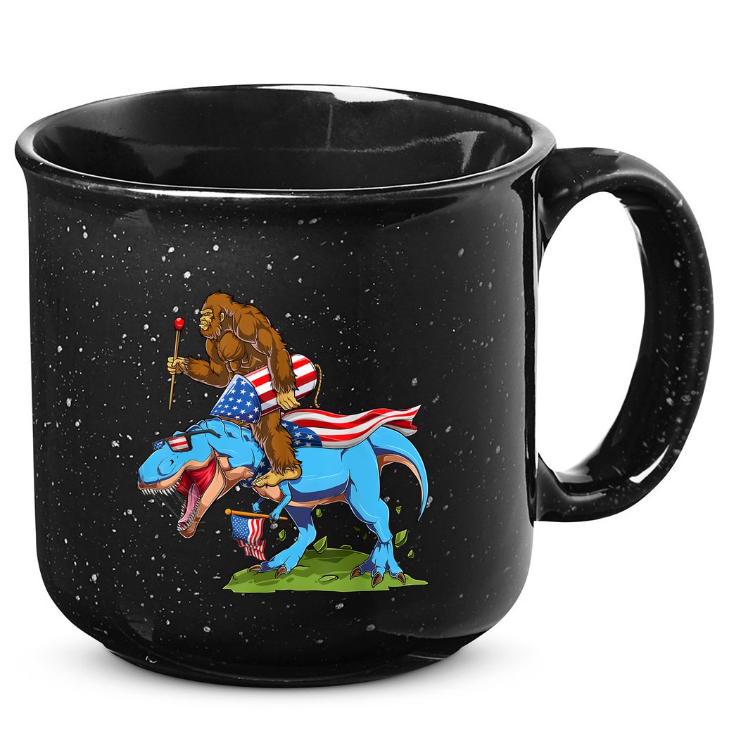 Bigfoot Riding Dinosaur USA Flag 4th Of July America 15oz Campfire Ceramic Mug