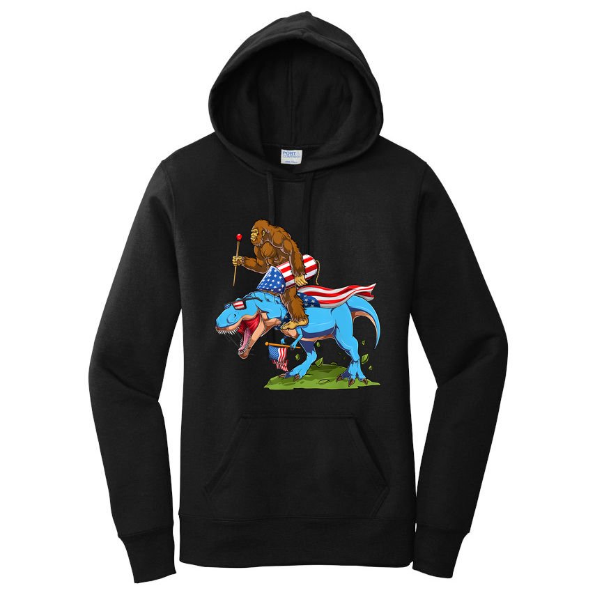Bigfoot Riding Dinosaur USA Flag 4th Of July America Women's Pullover Hoodie