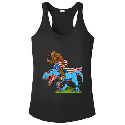 Bigfoot Riding Dinosaur USA Flag 4th Of July America Ladies PosiCharge Competitor Racerback Tank