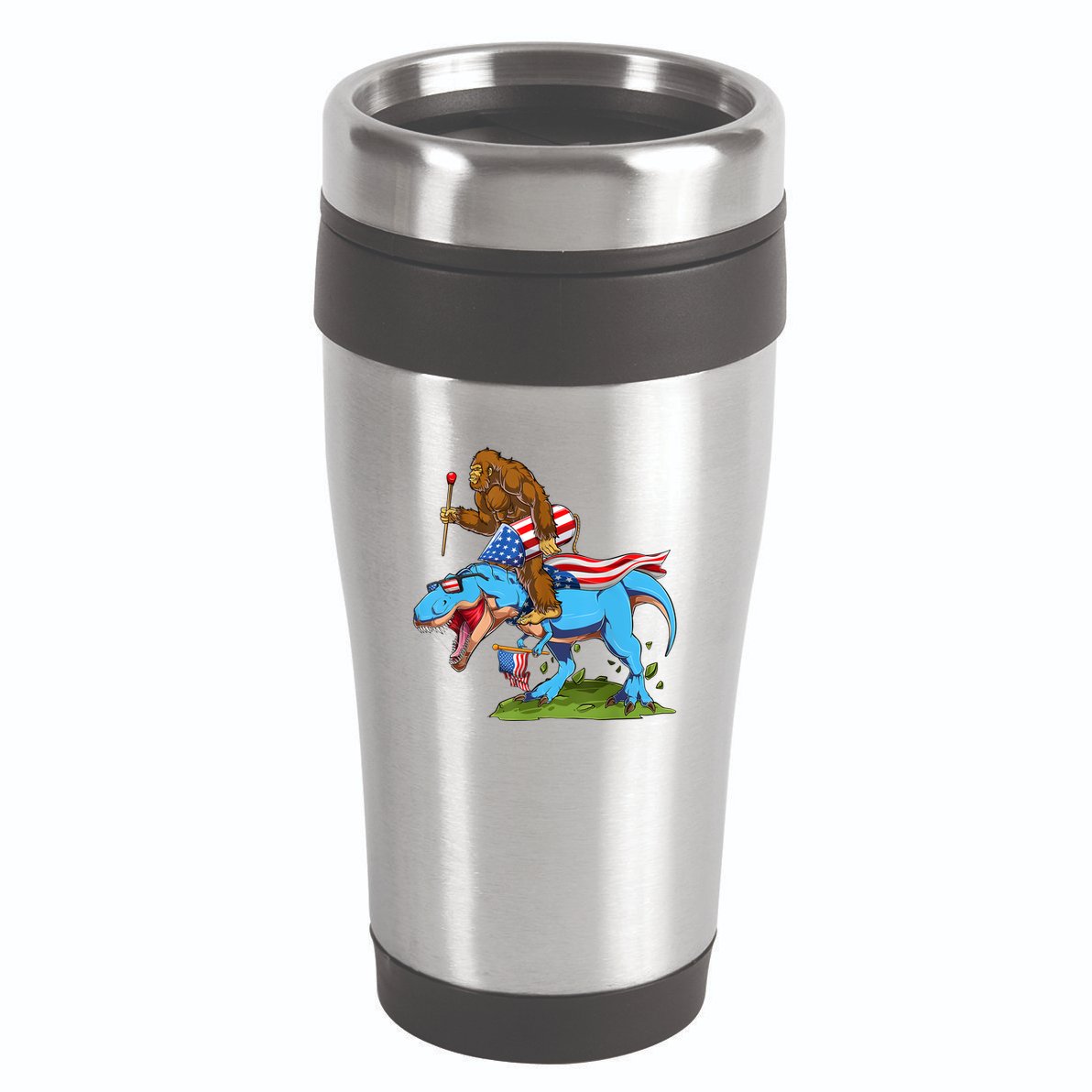 Bigfoot Riding Dinosaur USA Flag 4th Of July America 16oz Travel Tumbler