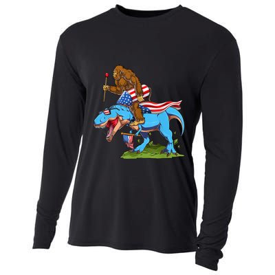 Bigfoot Riding Dinosaur USA Flag 4th Of July America Cooling Performance Long Sleeve Crew