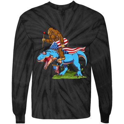 Bigfoot Riding Dinosaur USA Flag 4th Of July America Tie-Dye Long Sleeve Shirt