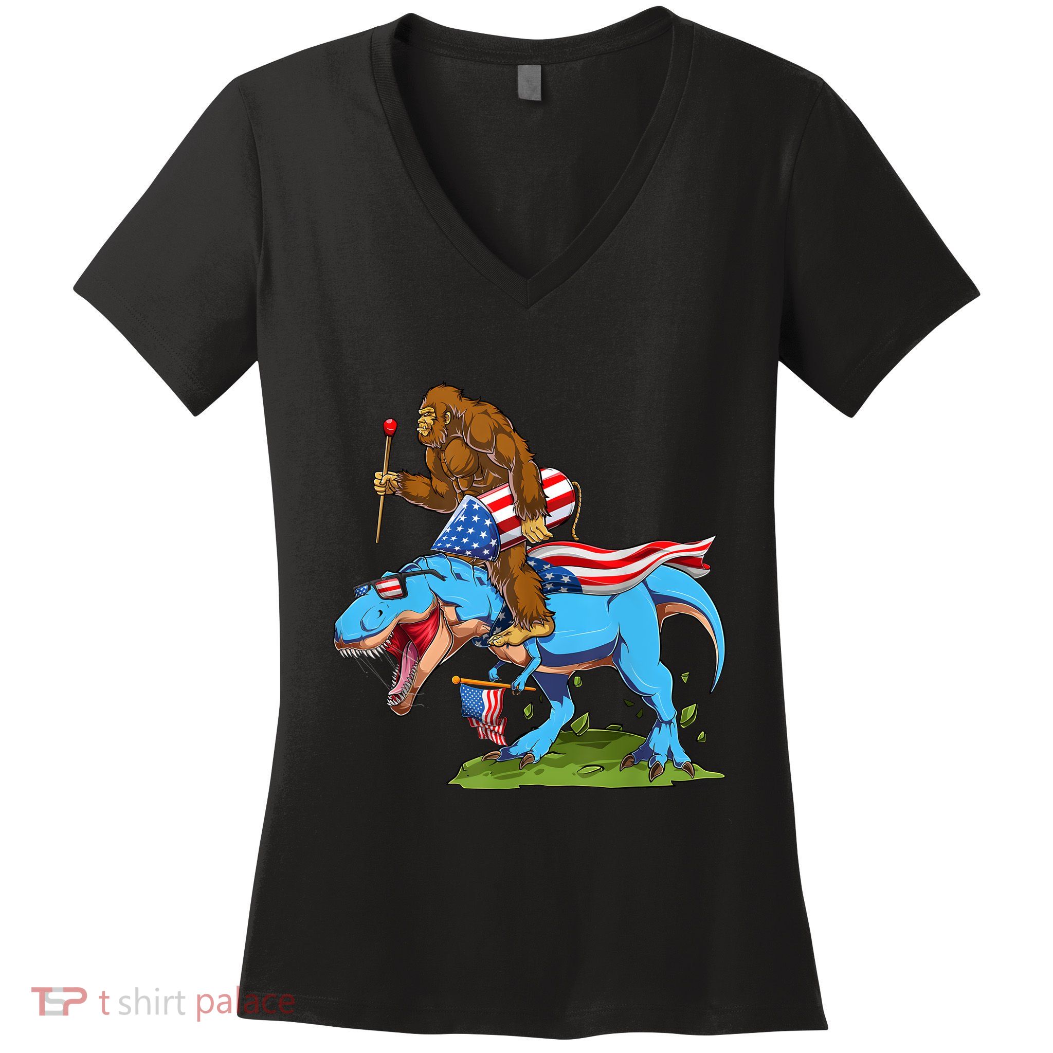 Bigfoot Riding Dinosaur USA Flag 4th Of July America Women's V-Neck T-Shirt