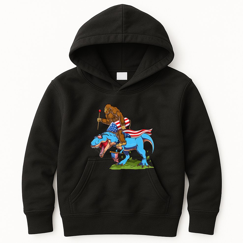 Bigfoot Riding Dinosaur USA Flag 4th Of July America Kids Hoodie