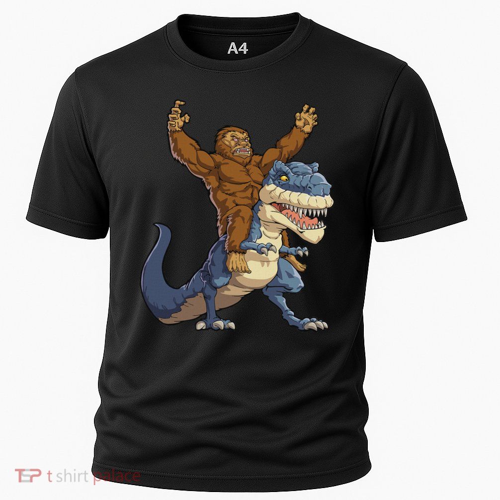Bigfoot Riding Dinosaur T Rex Funny Sasquatch Lover Cooling Performance Crew T-Shirt