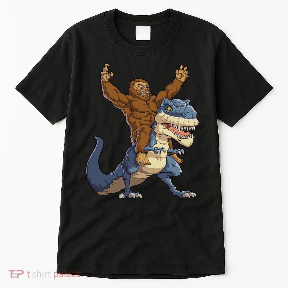 Bigfoot Riding Dinosaur T Rex Funny Sasquatch Lover Tall T-Shirt