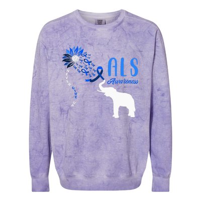 Blue Ribbon Elephant ALS Warrior Support ALS Awareness Colorblast Crewneck Sweatshirt