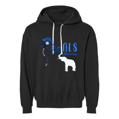 Blue Ribbon Elephant ALS Warrior Support ALS Awareness Garment-Dyed Fleece Hoodie