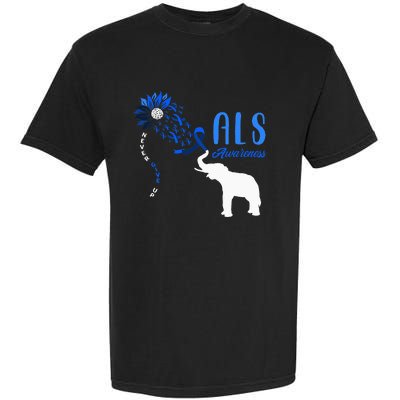 Blue Ribbon Elephant ALS Warrior Support ALS Awareness Garment-Dyed Heavyweight T-Shirt