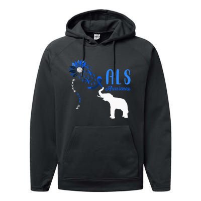 Blue Ribbon Elephant ALS Warrior Support ALS Awareness Performance Fleece Hoodie