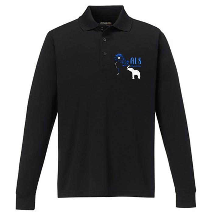 Blue Ribbon Elephant ALS Warrior Support ALS Awareness Performance Long Sleeve Polo