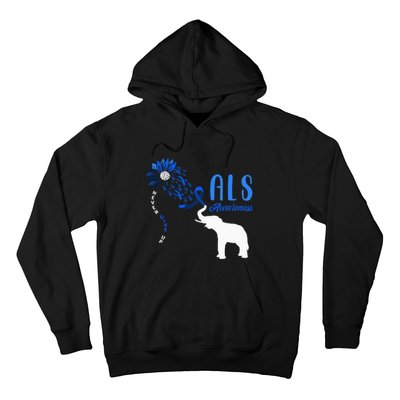 Blue Ribbon Elephant ALS Warrior Support ALS Awareness Hoodie