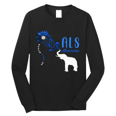 Blue Ribbon Elephant ALS Warrior Support ALS Awareness Long Sleeve Shirt