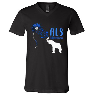 Blue Ribbon Elephant ALS Warrior Support ALS Awareness V-Neck T-Shirt