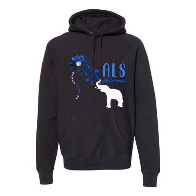 Blue Ribbon Elephant ALS Warrior Support ALS Awareness Premium Hoodie