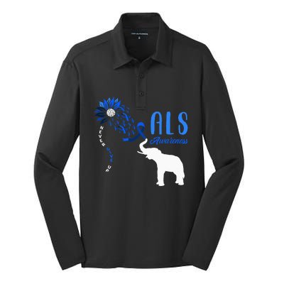 Blue Ribbon Elephant ALS Warrior Support ALS Awareness Silk Touch Performance Long Sleeve Polo