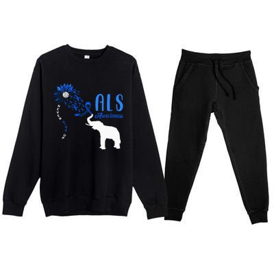 Blue Ribbon Elephant ALS Warrior Support ALS Awareness Premium Crewneck Sweatsuit Set