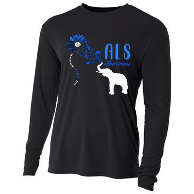 Blue Ribbon Elephant ALS Warrior Support ALS Awareness Cooling Performance Long Sleeve Crew