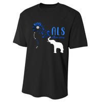 Blue Ribbon Elephant ALS Warrior Support ALS Awareness Performance Sprint T-Shirt