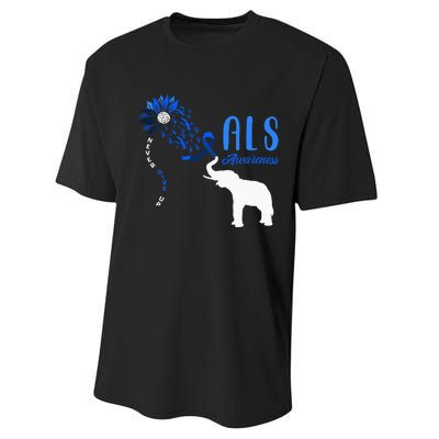 Blue Ribbon Elephant ALS Warrior Support ALS Awareness Performance Sprint T-Shirt